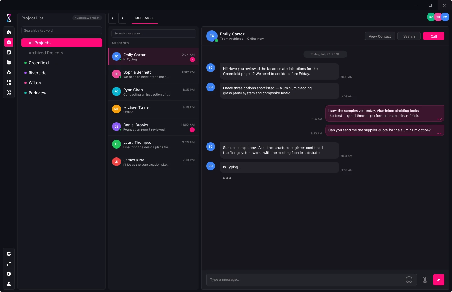 SIMTU messaging — real-time chat between designer, client, contractor