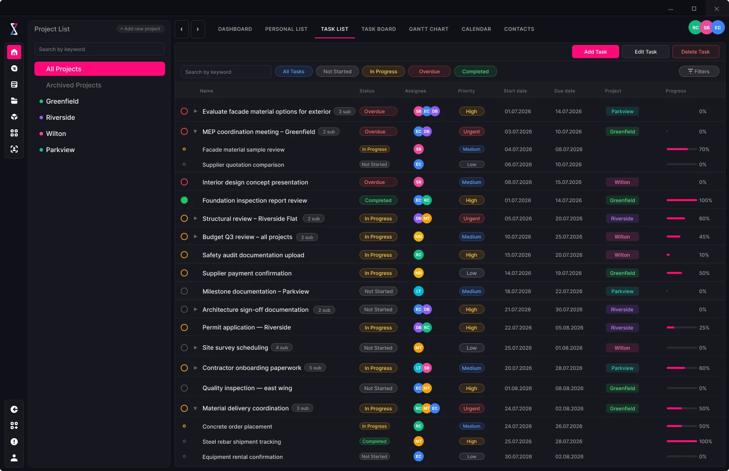 SIMTU project management — task list, kanban board, calendar