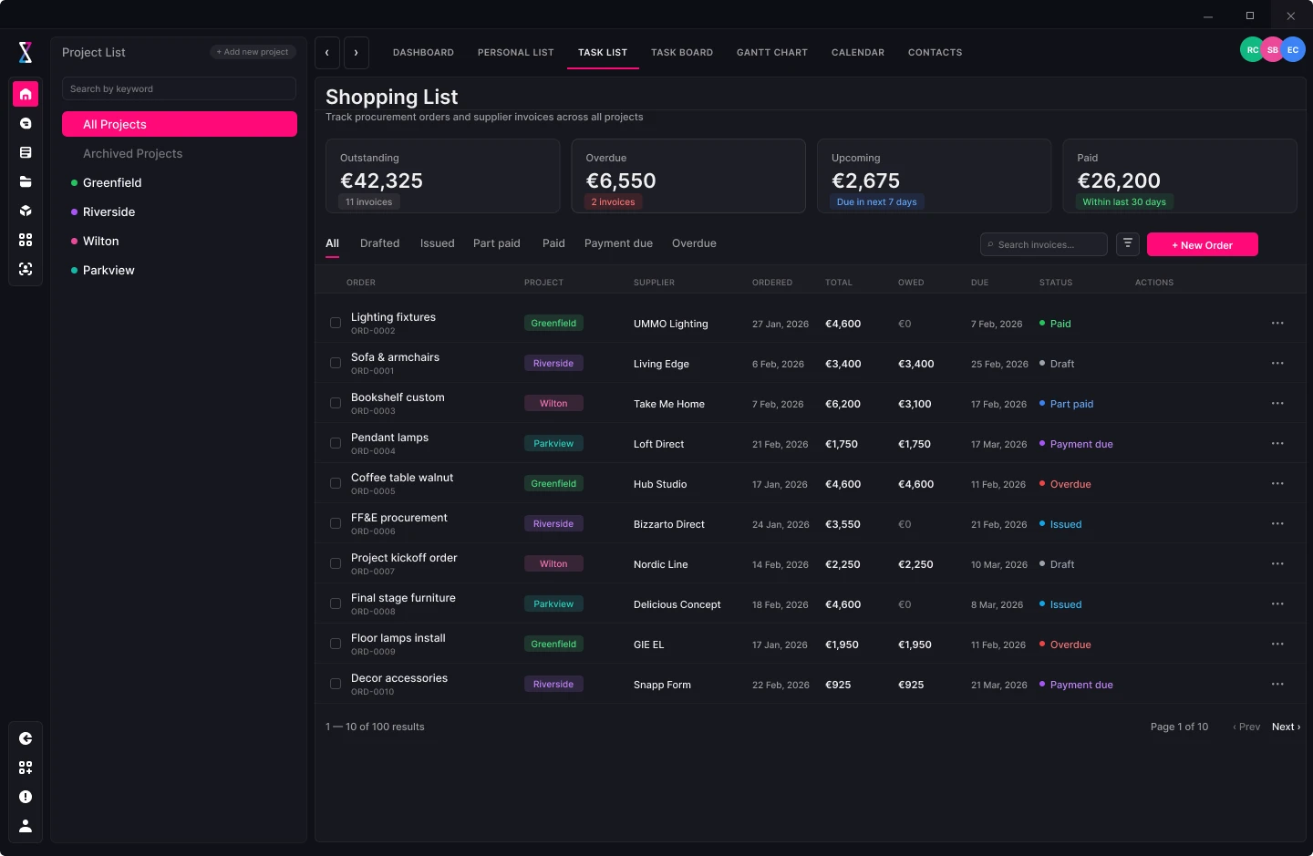 SIMTU shopping list interface — automatically generated from 3D models